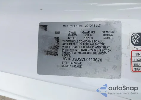 2020 Chevrolet Camaro Rwd 1Lt из США, поврежденный, VIN 1G1FB3DS7L0113670